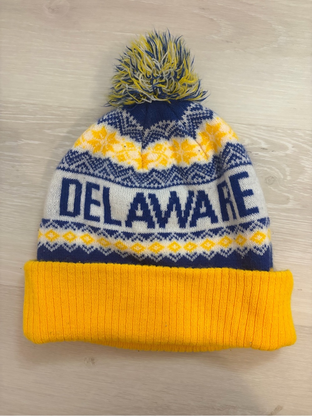 Delaware Pom Beanie Hat - Yellow & Navy